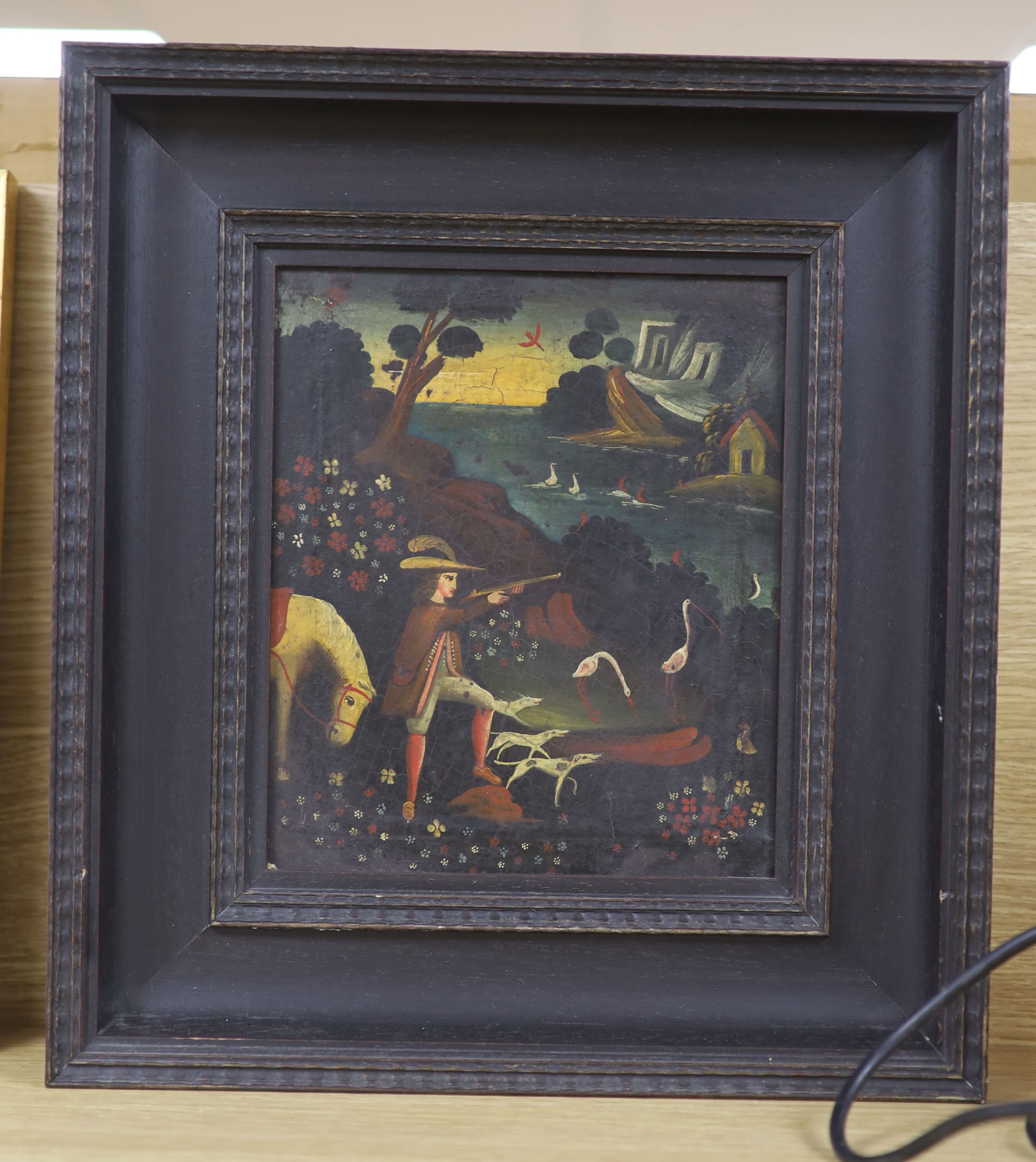 Cuzco School, oil on canvas, Huntsman in a landscape, 22 x 19cm